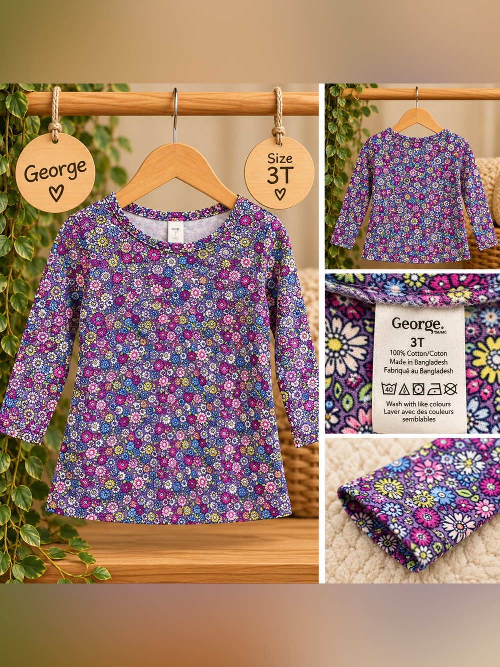 George Girls Floral Long Sleeve Top – Size 3T 🌼💜